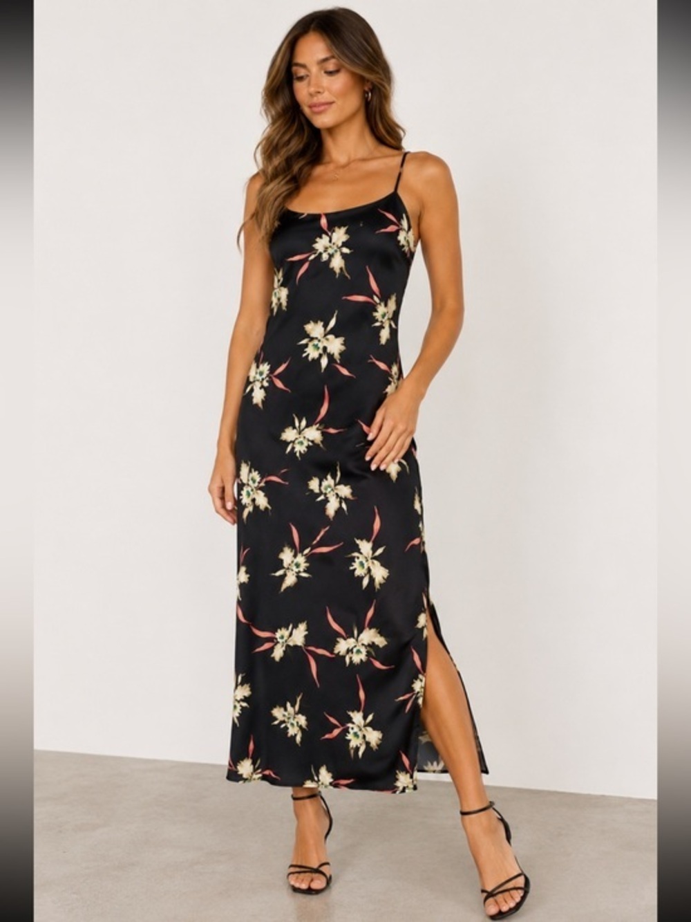 J.Crew Black Floral Orchid Slip Midi Dress Size Small Spaghetti Strap